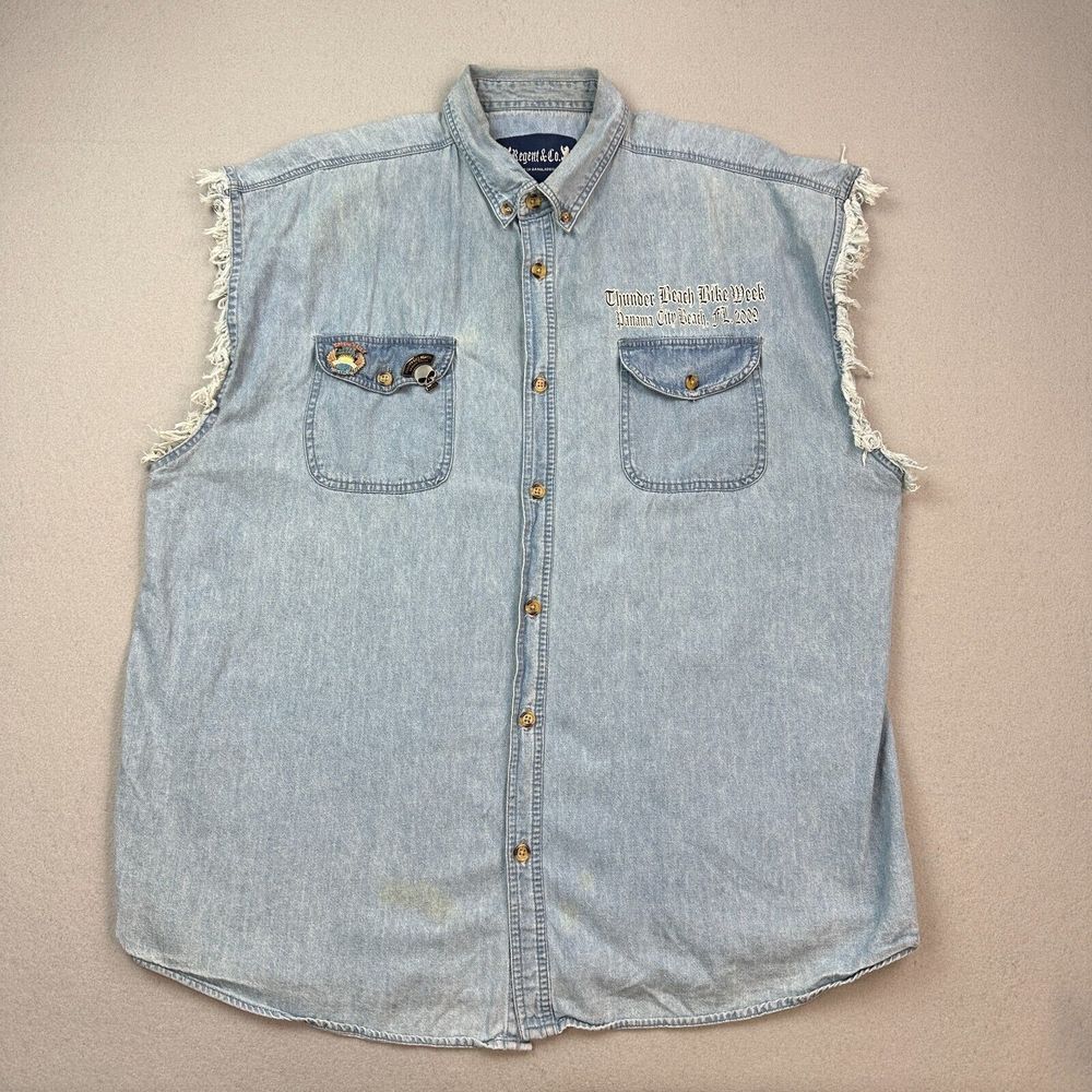 Bike Week Shirt Adult XL Blue Denim Cutoff Sleeve Panama City Beach Biker Pins